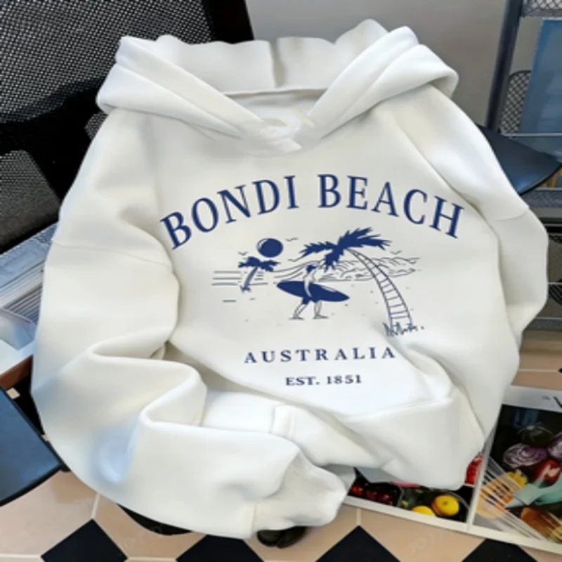 Interesting surfing pattern printed men's and women's hooded sweatshirts, Harajuku style long sleeved casual hooded sweatshirts