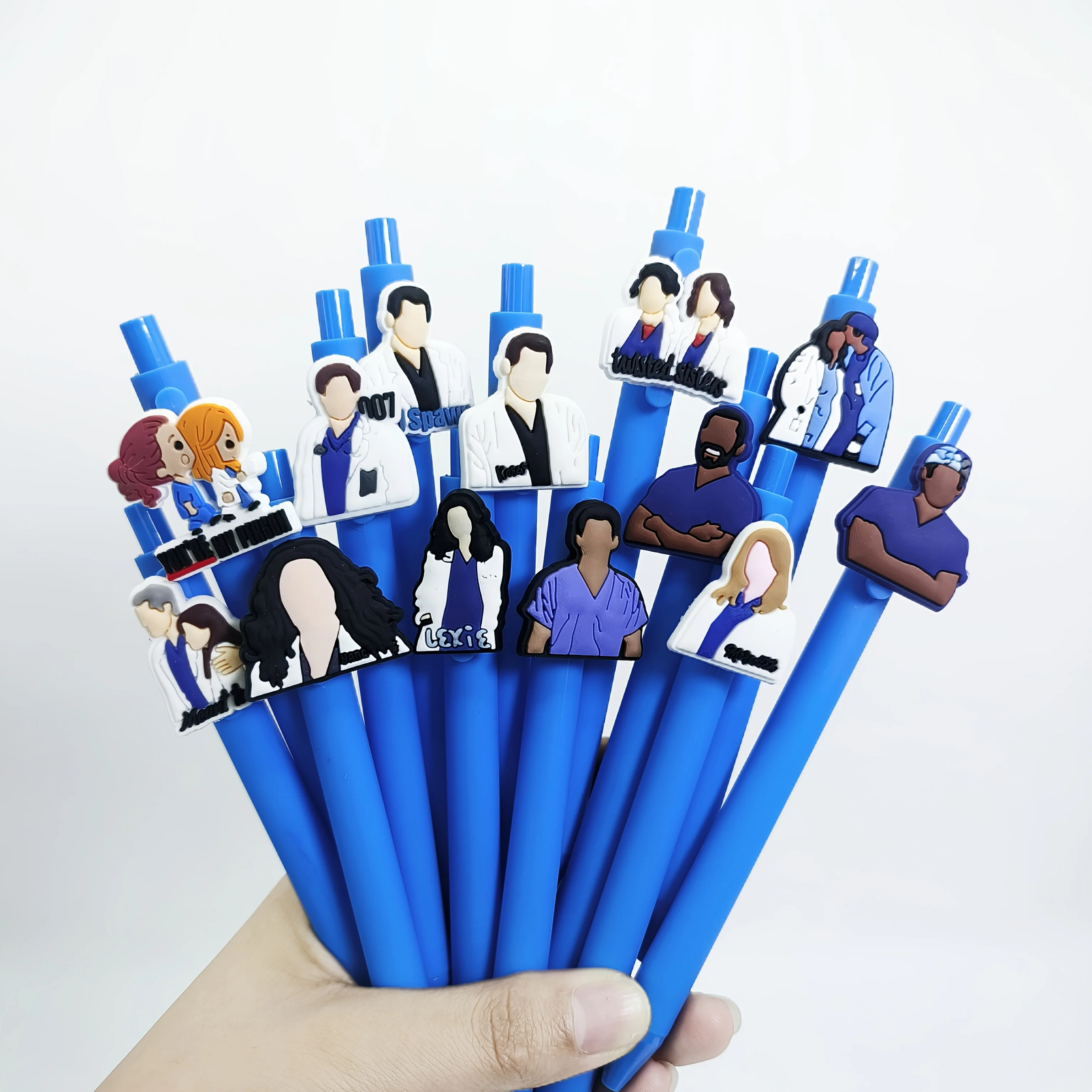 

10Pcs blue doctor series patch pen PVC soft patch ballpoint pen, student writing gift pen, random style