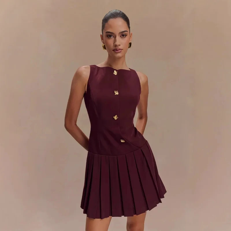 

BKQU Elegant Solid Sleeveless Dress Women's Metal Button Decoration Casual O Neck Pleated A-line Mini Dress Party Evening Dress