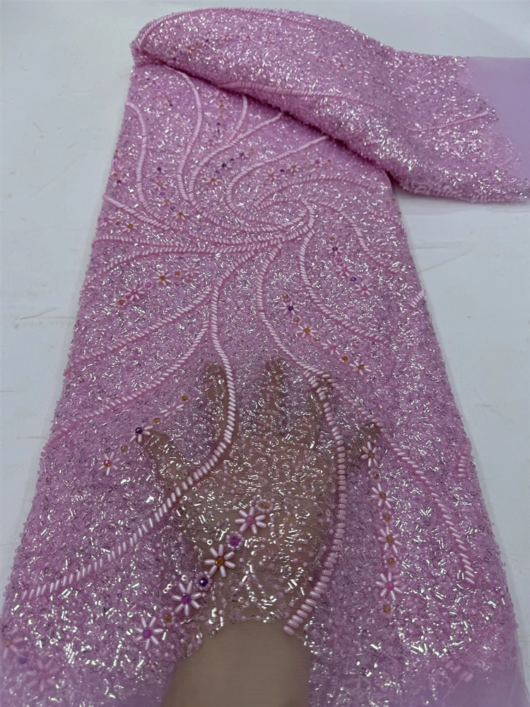 2024 African Nigerian Sequins Embroidery Tulle Lace Fabric Sewing Beads Stone Prom Dresses High Quality 5Yards jy332