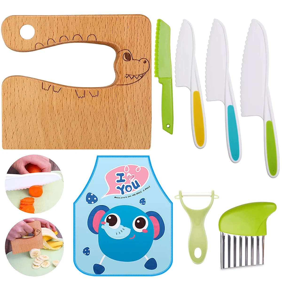 

Plastic Fruit Knife Cutting Board Suit Potatoes Wave Cut Bread Knife Mu Dao Xue Pi Bao Children Cartoon Apron Bib