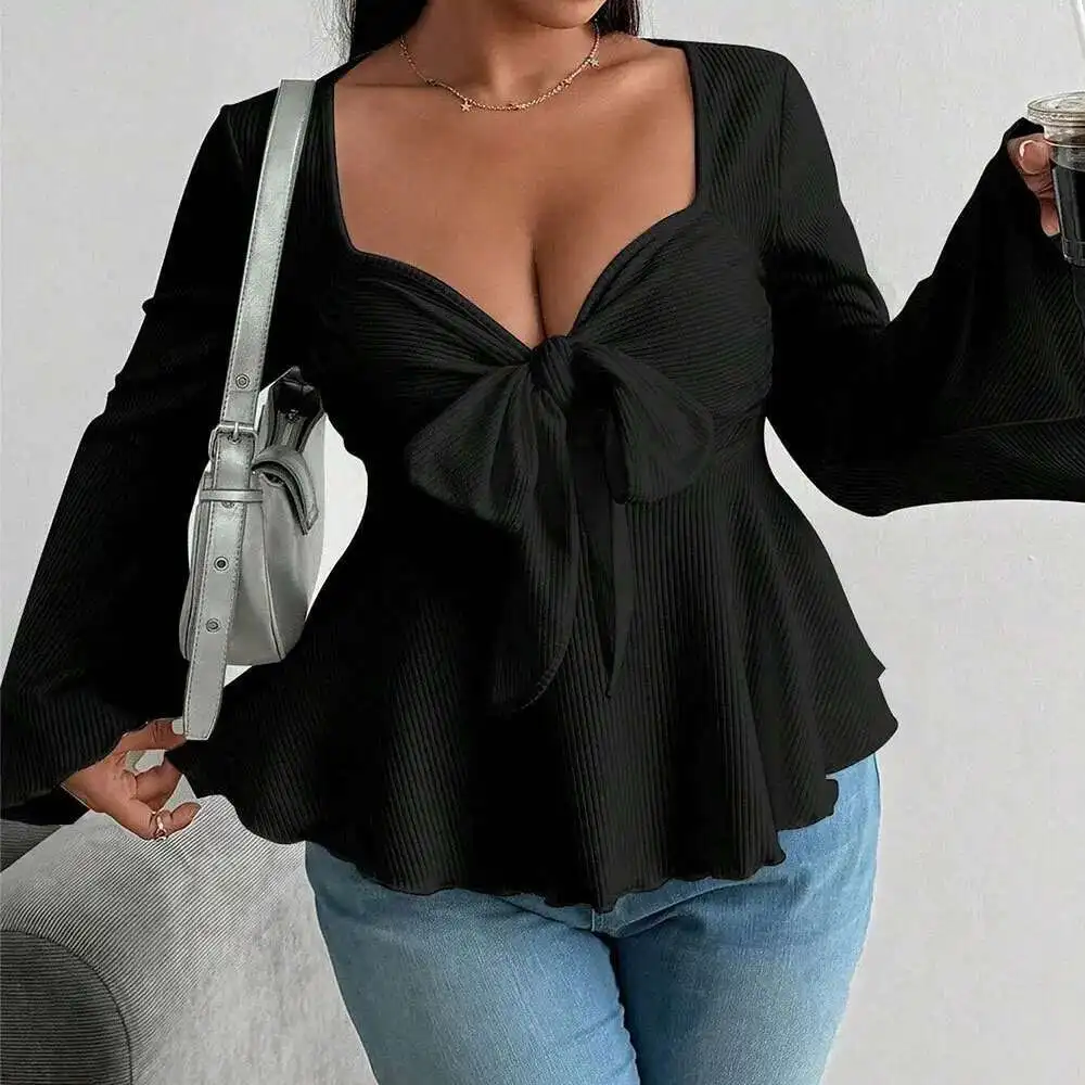 

2025 International Station New Plus Size Women's Pure Desire Mature V-neck T-shirt Autumn Winter Flared Sleeve Waist-cinching