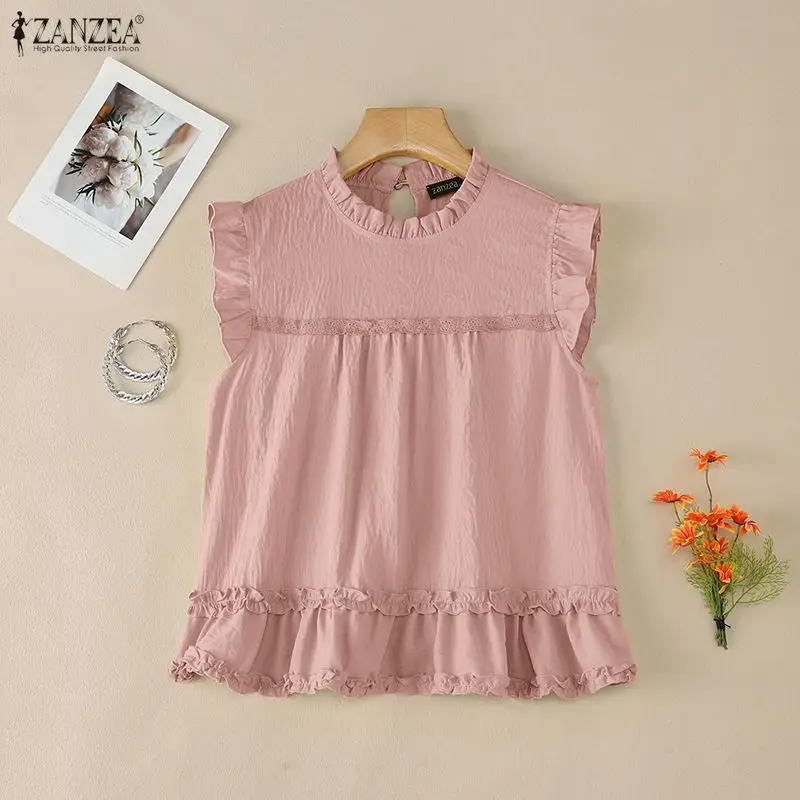 Stilvolle Rüschen-Tanktops für den Urlaub 2026 ZANZEA Sommer-Camisoles für Damen, elegante ärmellose Blusen mit O-Ausschnitt, lässige lockere Hemden/T-Shirts