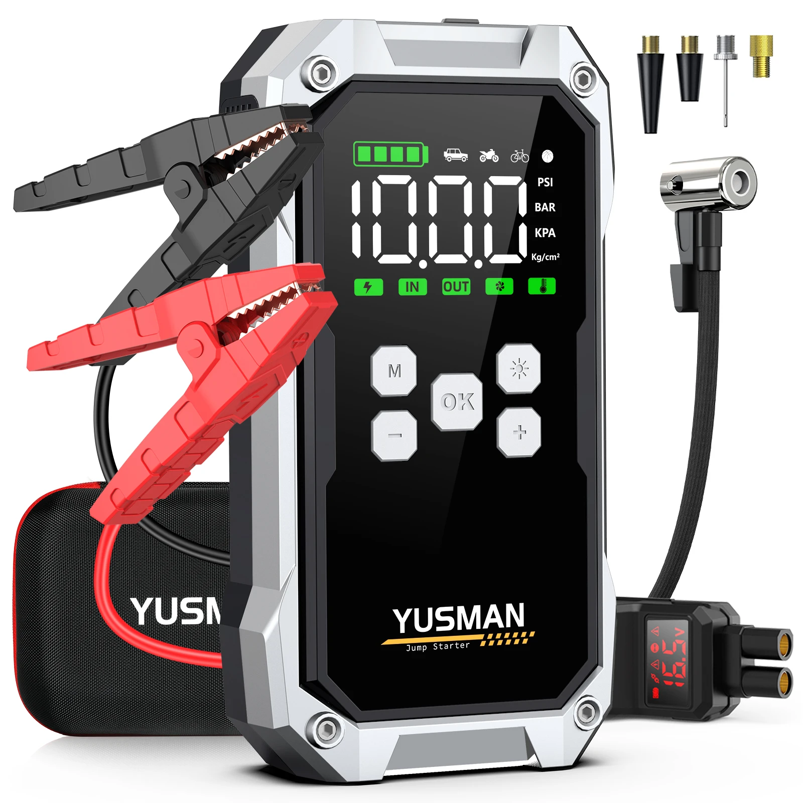 YUSMAN 5000A Peak Auto-Starthilfe, 150PSI Luftkompressor, Tragbare Taschenlampe, Powerbank für 12V-Fahrzeuge