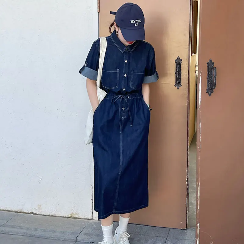 レトロサマーシックウォッシュドデニム半袖ワンピース、スタンドカラーポケットとカフスヘム付き、ハイウエスト韓国風レディース
