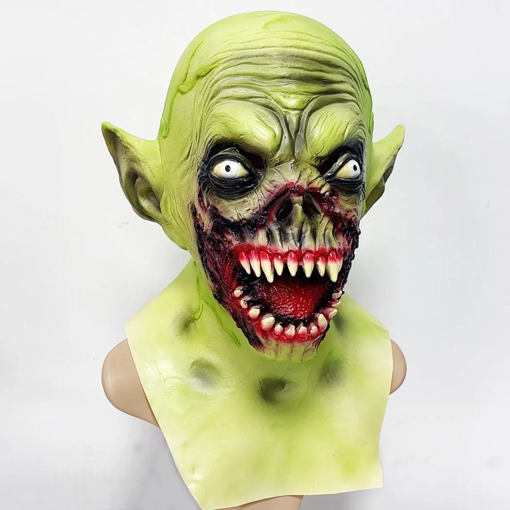 Halloween Green Demon Monster Latex Mask with Head‑Chest Design, Sharp Teeth Scary Cos Prop for Haunted House Escape Room Party