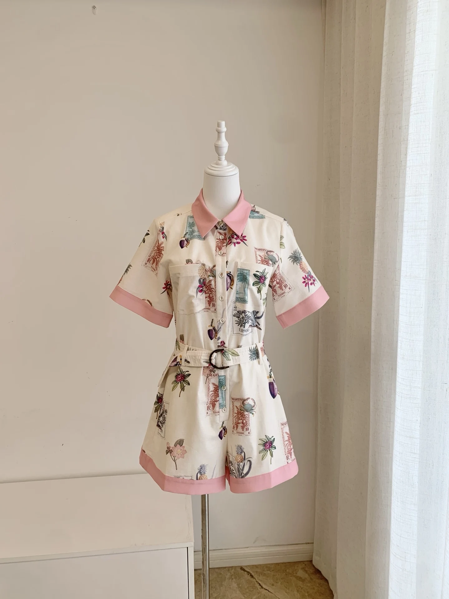 Women Printed Fashion cotton linen Jumpsuit Short Sleeve Turn-down Collar High Waist Single Breasted Jumpsuit