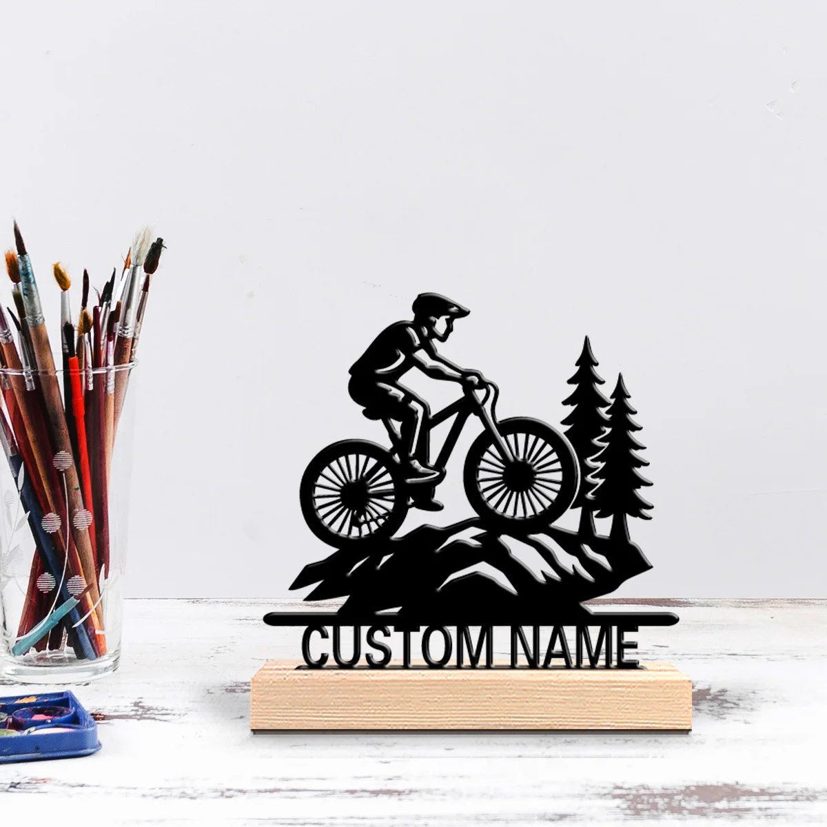 1pc Simple bike travel Customizable Text Metal Statue Iron Ornament Handicraft With Wood Base Tin Statue Home Table