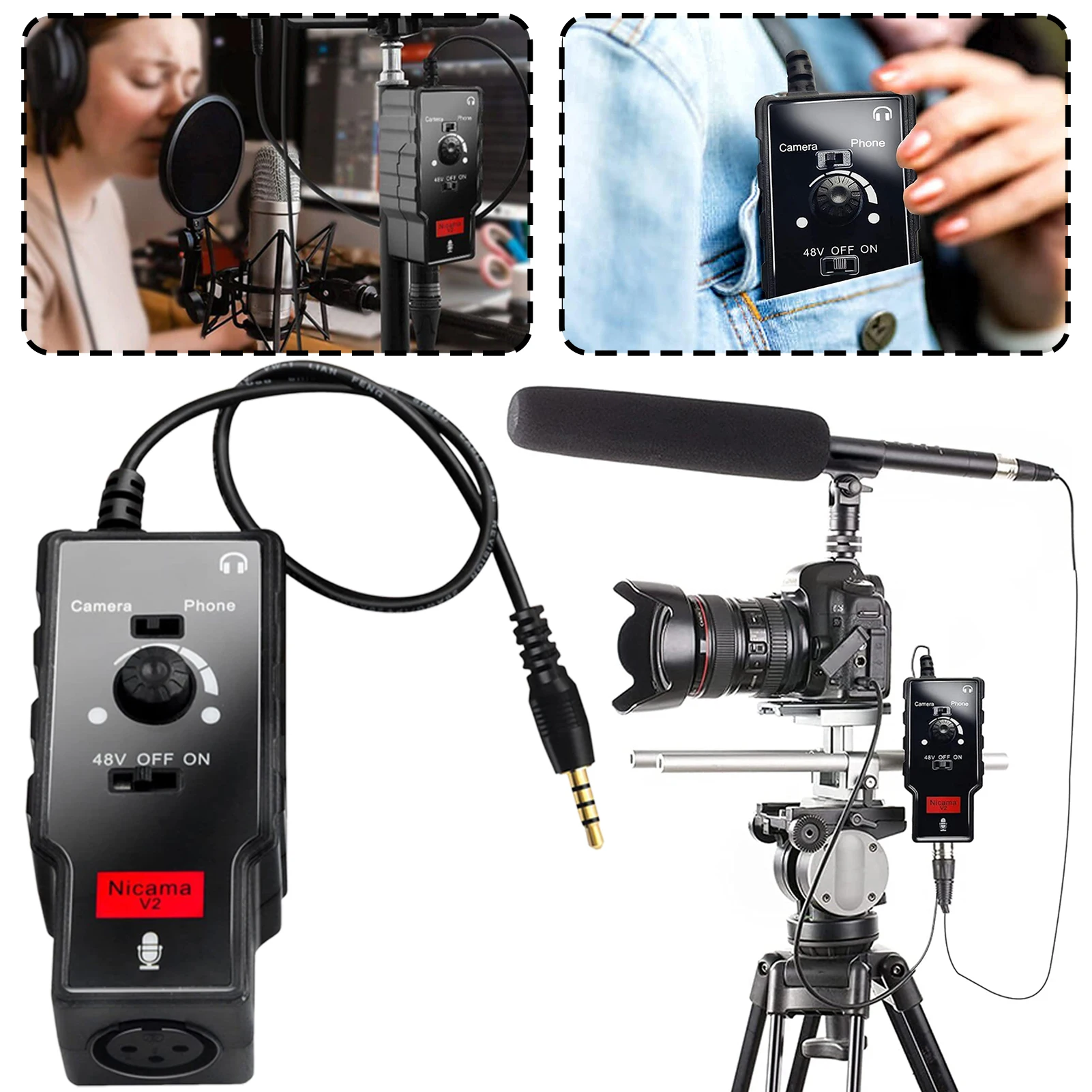 Professional V2 Microphone Preamp XLR Female to 3.5mm TRS-TRRS Adapter with Phantoms Power for Condenser Microphone