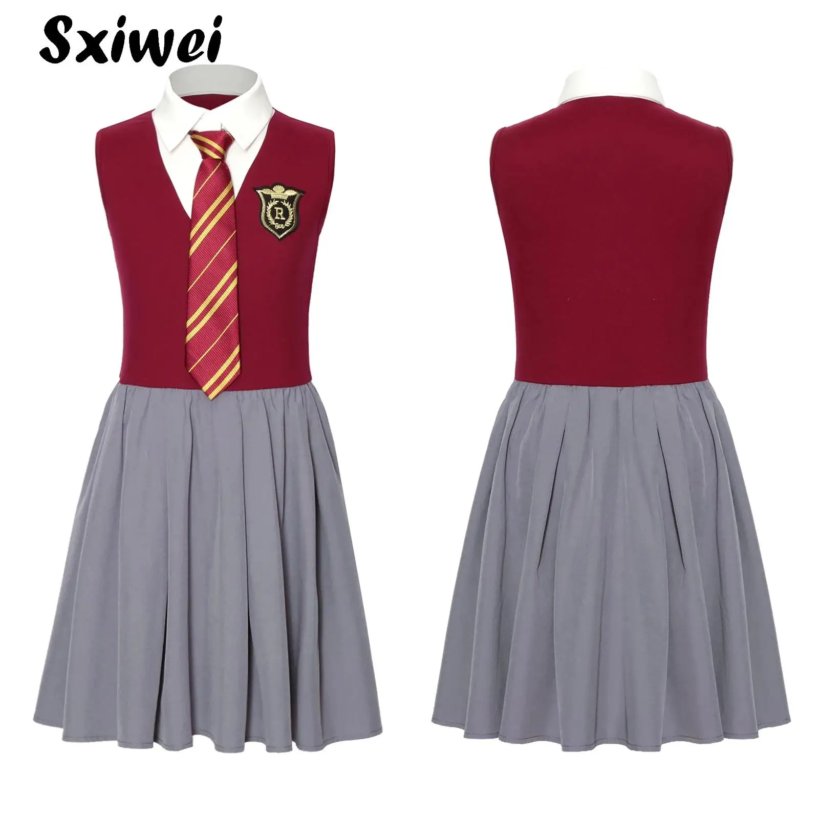 Child Girls Lapel Sleeveless Buttons Ruffled Dress And Necktie Magic School Formal Uniform Halloween Movie Academy Themed Party