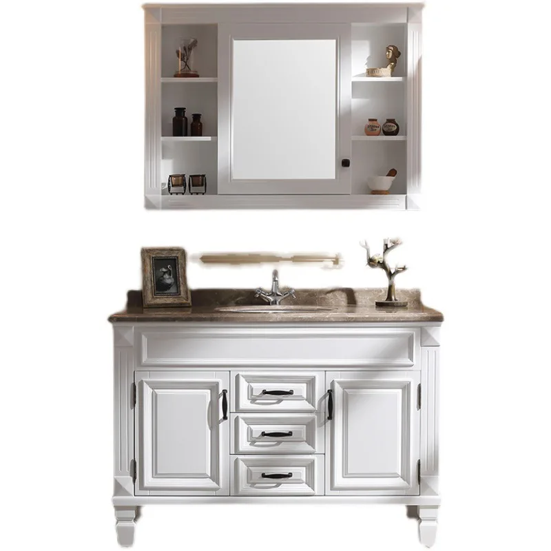 

Комплект умной мебели для ванной комнаты из американского дуба: тумба с интегрированной раковиной и напольный шкаф-тумба для умывальника.