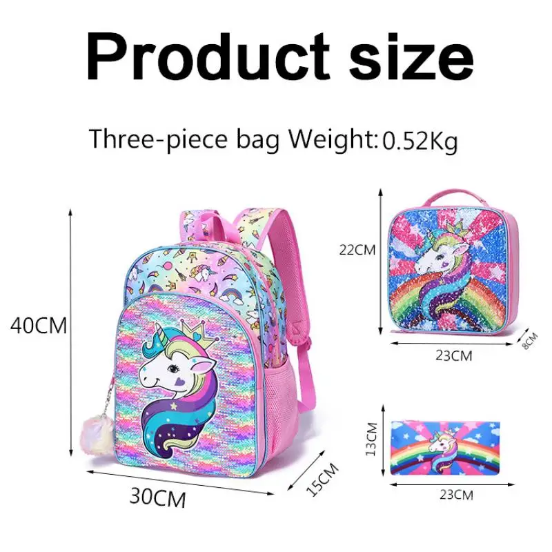 3 pcs/set Bonito Dos Desenhos Animados Unicórnio Sacos De Escola Para Meninas Estudante Mochila Crianças Sacos De Escola Com Lunch Bag Lápis Caso