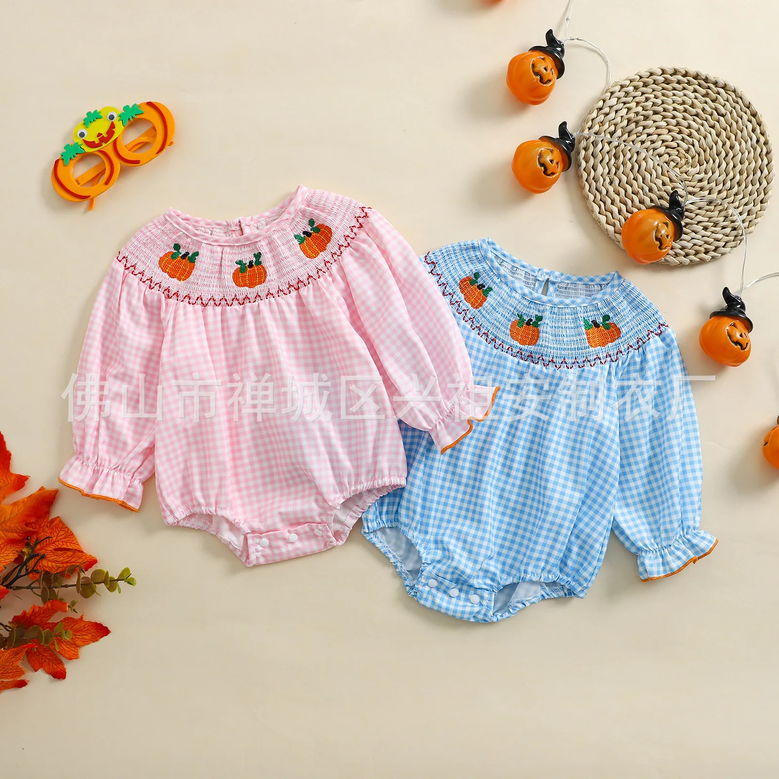 

Spring and Autumn New Baby Girl Triangle Costume Casual Plaid Cartoon Embroidered Pumpkin All-match Cute Sweet Rompers