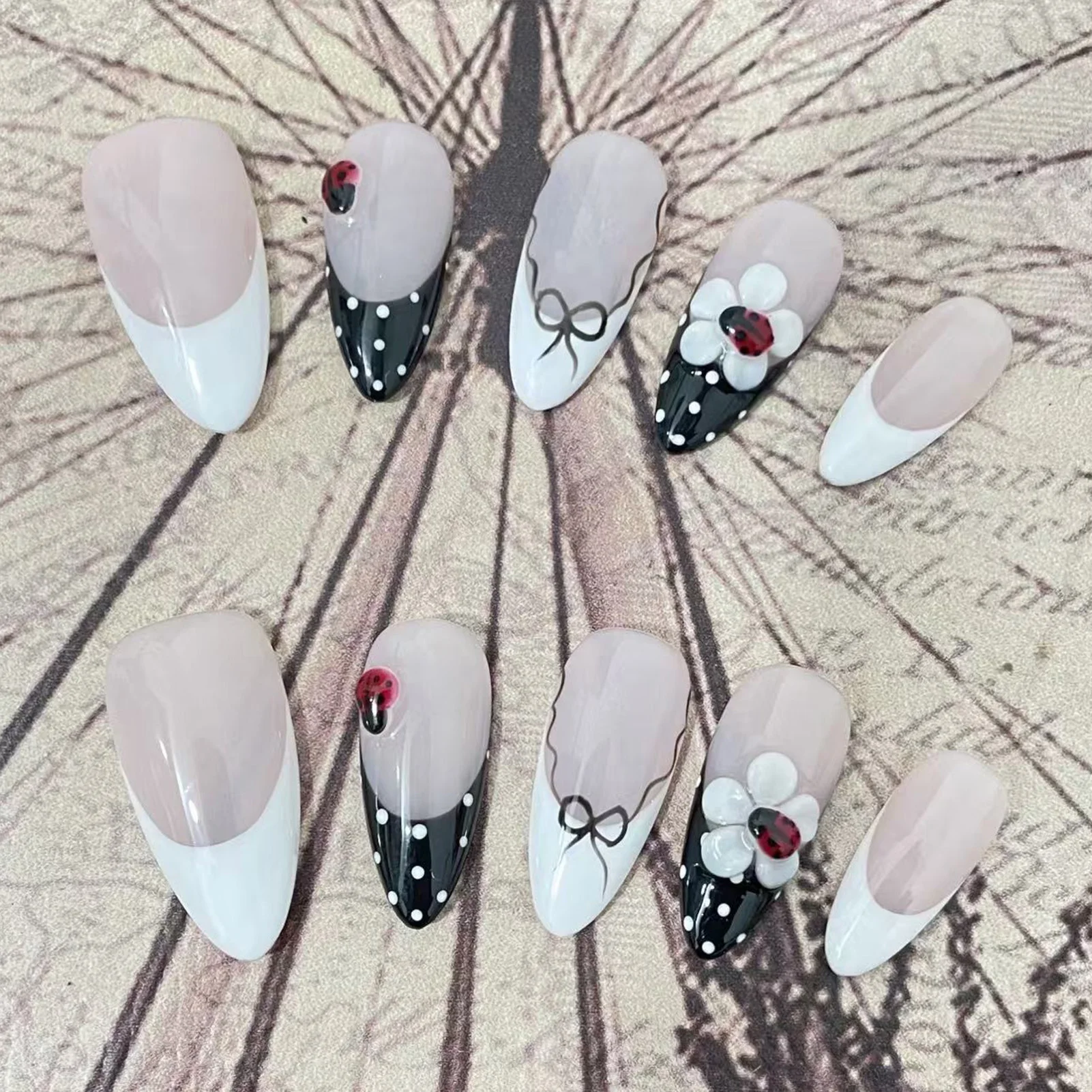 

10Pcs Handmade French False nails 3D Carved Flowers Bowknot Design Press on Nails Sweet Cool Almond Fake Nail Patches for Girls
