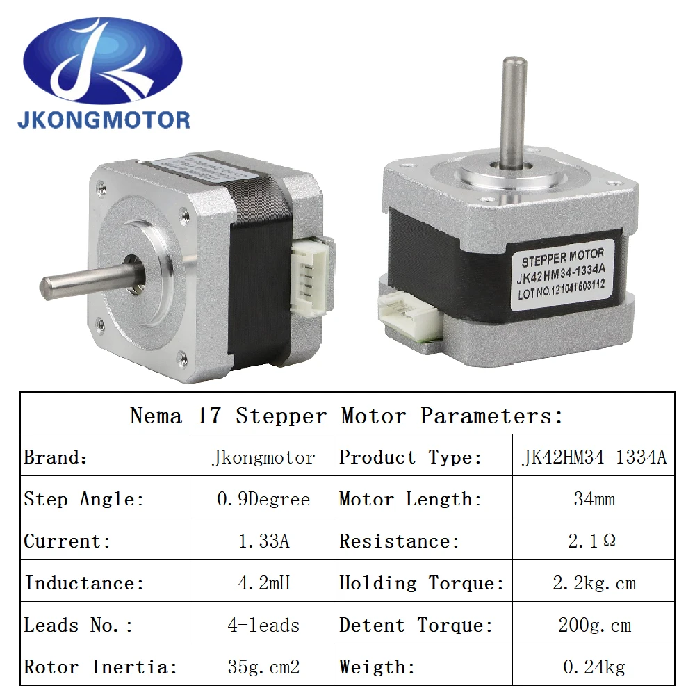 Jkongmotor 42mm Nema 17 Stepper Motor 0.9Degree JK42HM34-1334A 22N.cm 4-Wires 34mm Stepping Motor for XYZ 3D Printer