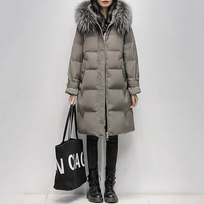 Winter New Large Natural Real Fur Collar Hooded Feather Long Down Jacket Women Bubble Cuff Warm Down Coat Casual Loose Outwear