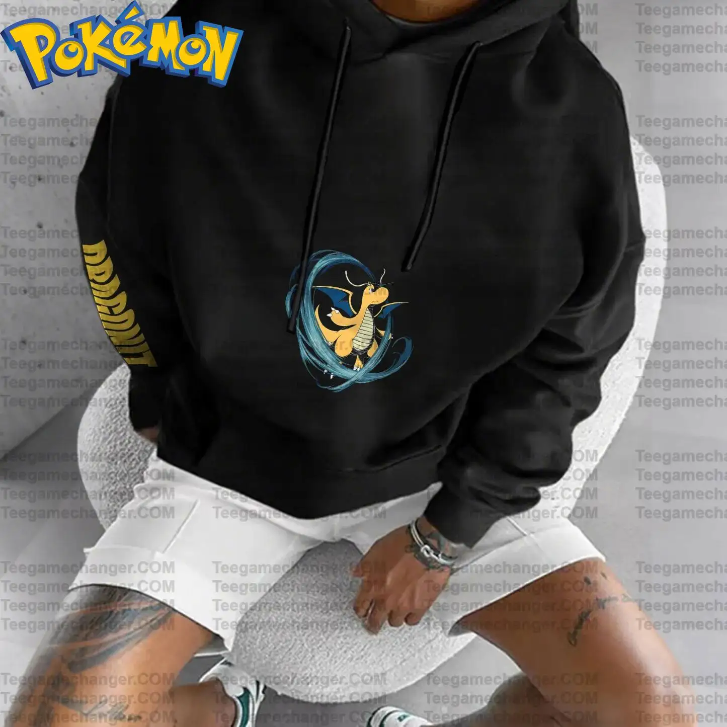 طقم بناطيل هاراجوكو بقلنسوة قطنية من Pokemon Anime Dratini Dragonair مطبوع عليه شخصية سوداء مع خلفية قمر الماء الأزرق #4