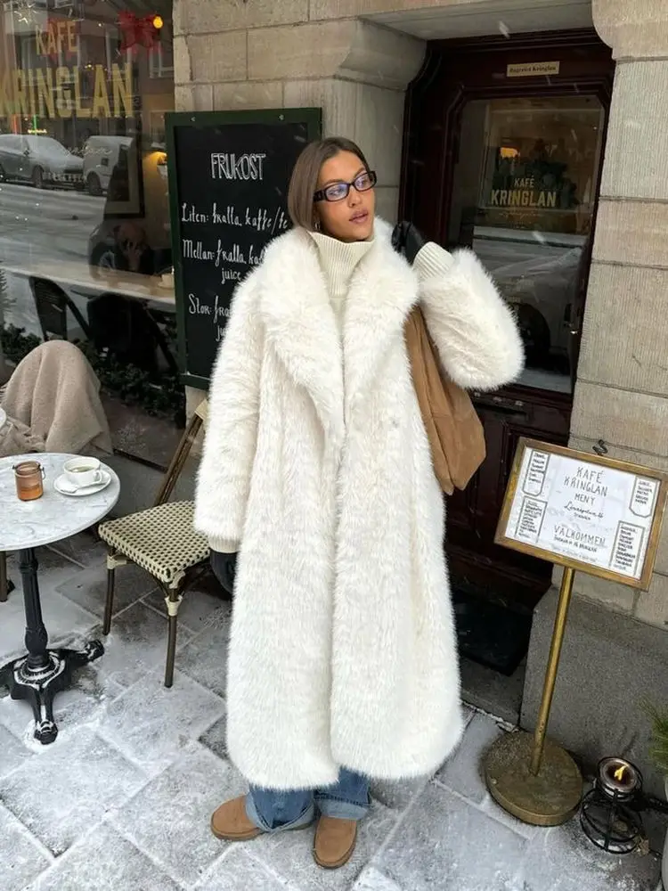 

Thickened Autumn Winter Fur Coat Women's White Long Vestment Fluffy Simulation Plush Outerwear Casual Outfit Coat