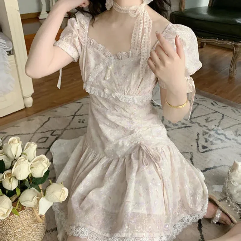 

Sweet Floral Patchwork Lace Chiffon Dress Women 2025 New Fairycore Bow Tie Puff Sleeve Waist A Line Beach Short Dresses