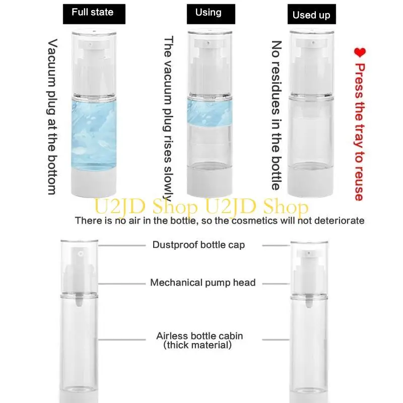 U2JD 15-100ml Clear Airless Cosmetic Cream Botol Kosong Ukuran Perjalanan Kosong
