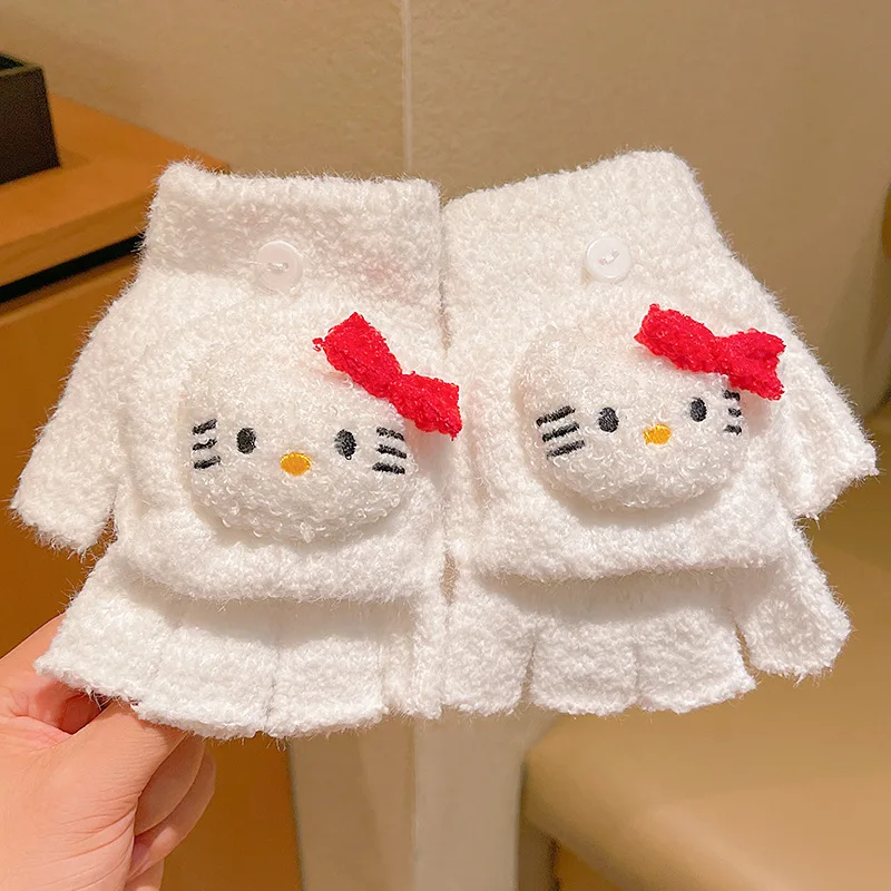 Sarung tangan bayi perempuan Sanrio Hello Kitty, sarung tangan lipat hangat tebal, sarung tangan jari terpisah, sarung tangan kartun Kuromi mewah