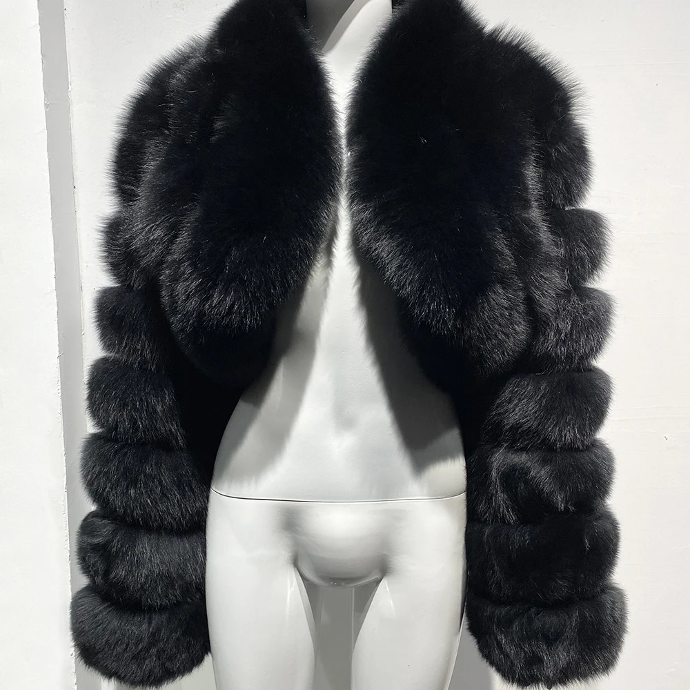 

YOLOAgain 2025 Winter New Long Sleeve Black Fox Fur Crooped Jacket Women Real Fox Fur Jacket Ladies Outerwear