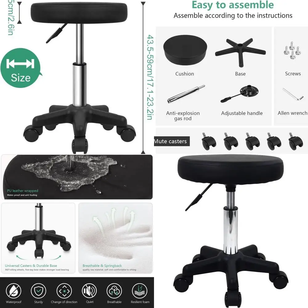 

Adjustable Height Rolling Stool with Wheels for Spa, Salon, and Massage in Black