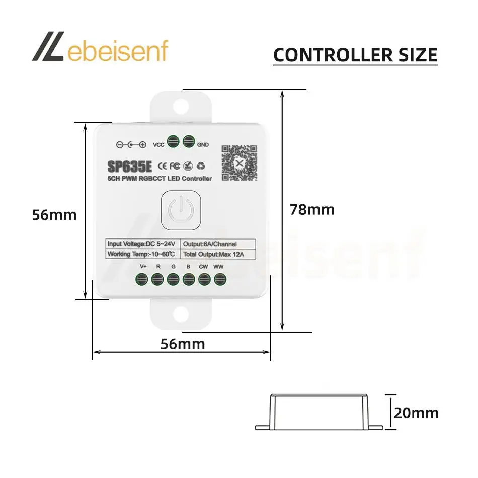 Smart SP635E 5CH PWM RGBCW LED Controller DC 5V 12V 24V 12abluetooth Music RGBCCT Dimmer e 2.4G RF 4 Zone Touch Wireless Remote