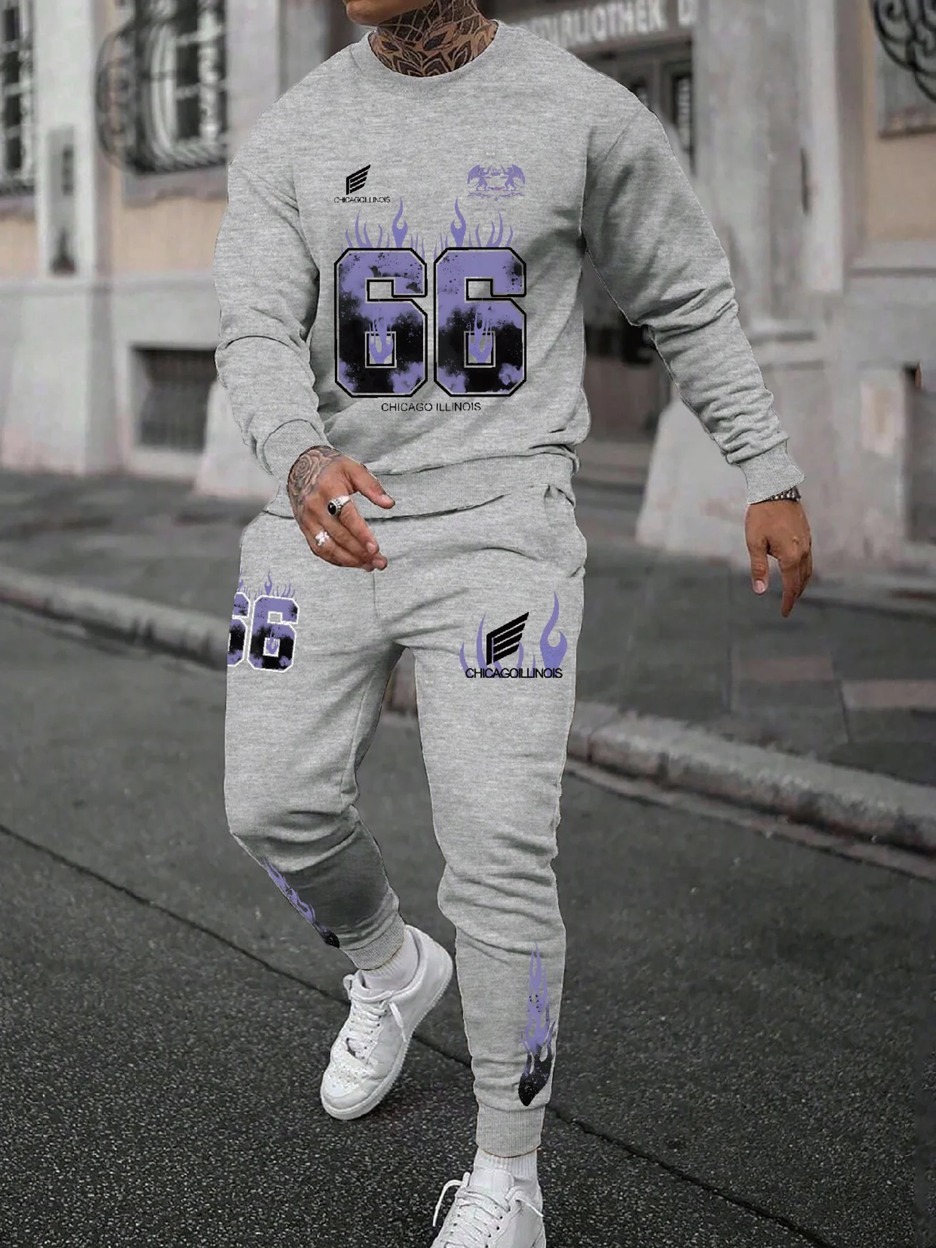 

Round neck sweatshirt suit black purple flame number 66 Chicago print casual sports
