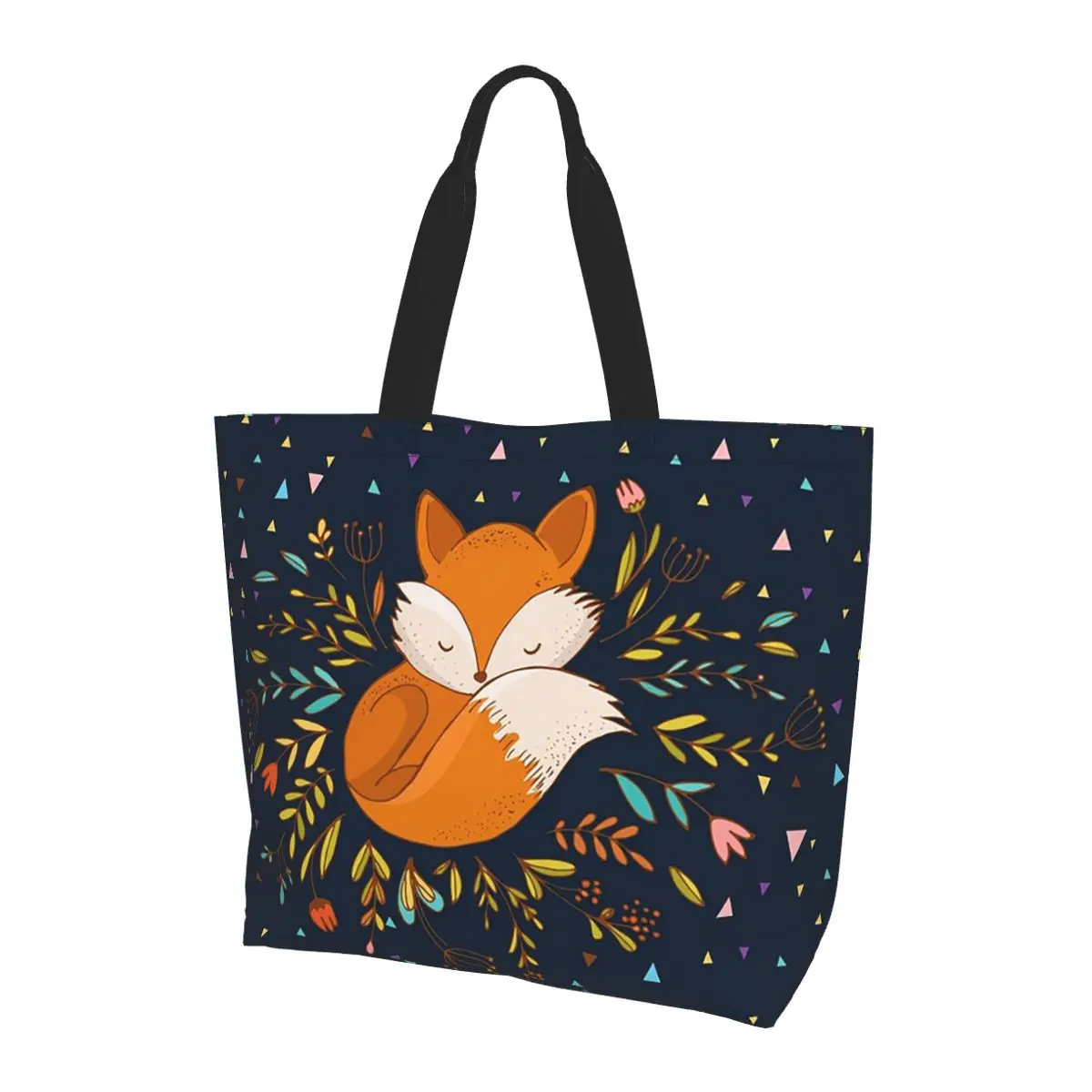 

Cute Fox Flowers And Triangles Shopping Tote Bag Canvas Large Capacity Shoulder Bags Shopper Grocery Handbag for Women
