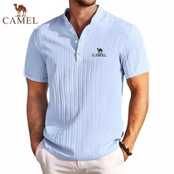 Polo CAMEL brodé haut de gamme en coton et lin rayé Henry, nouveau haut d'été décontracté à manches courtes pour hommes à la mode rétro