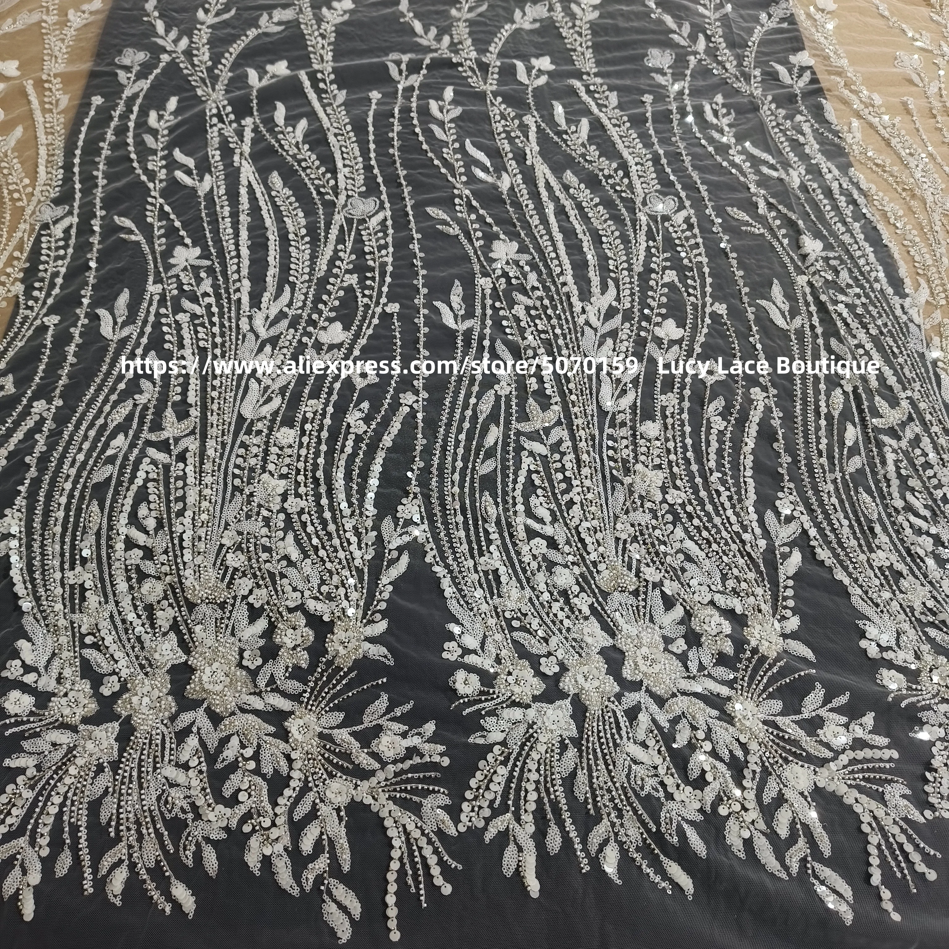 Off White with Silvery Beading Tulle Mesh Lace Fabric Wedding Lace Material Luxury Beaded Embroidery Gauze Lace