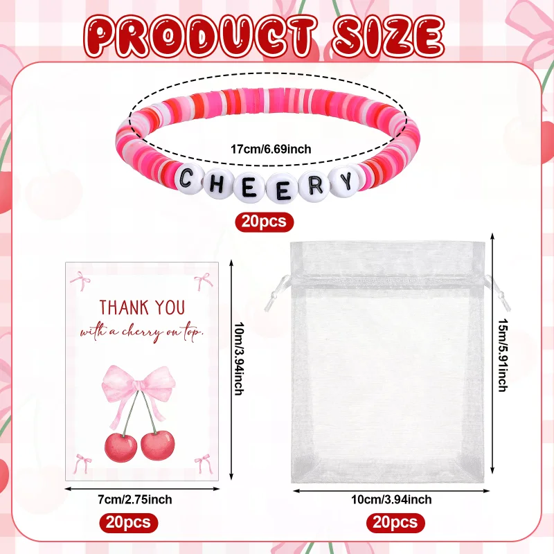 20 Sets Cherry Bracelet Party Favors Bulk Cherries Bracelets Thank You Cards Organza Bags Cherry on Top Party Decorations