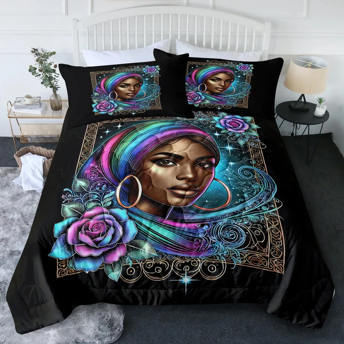 3 Pcs Blue Rose Snow Leopard Bedding Sets Black Woman with Big Earrings Bed Set Comforter with Comforter & 2 Pillowcases