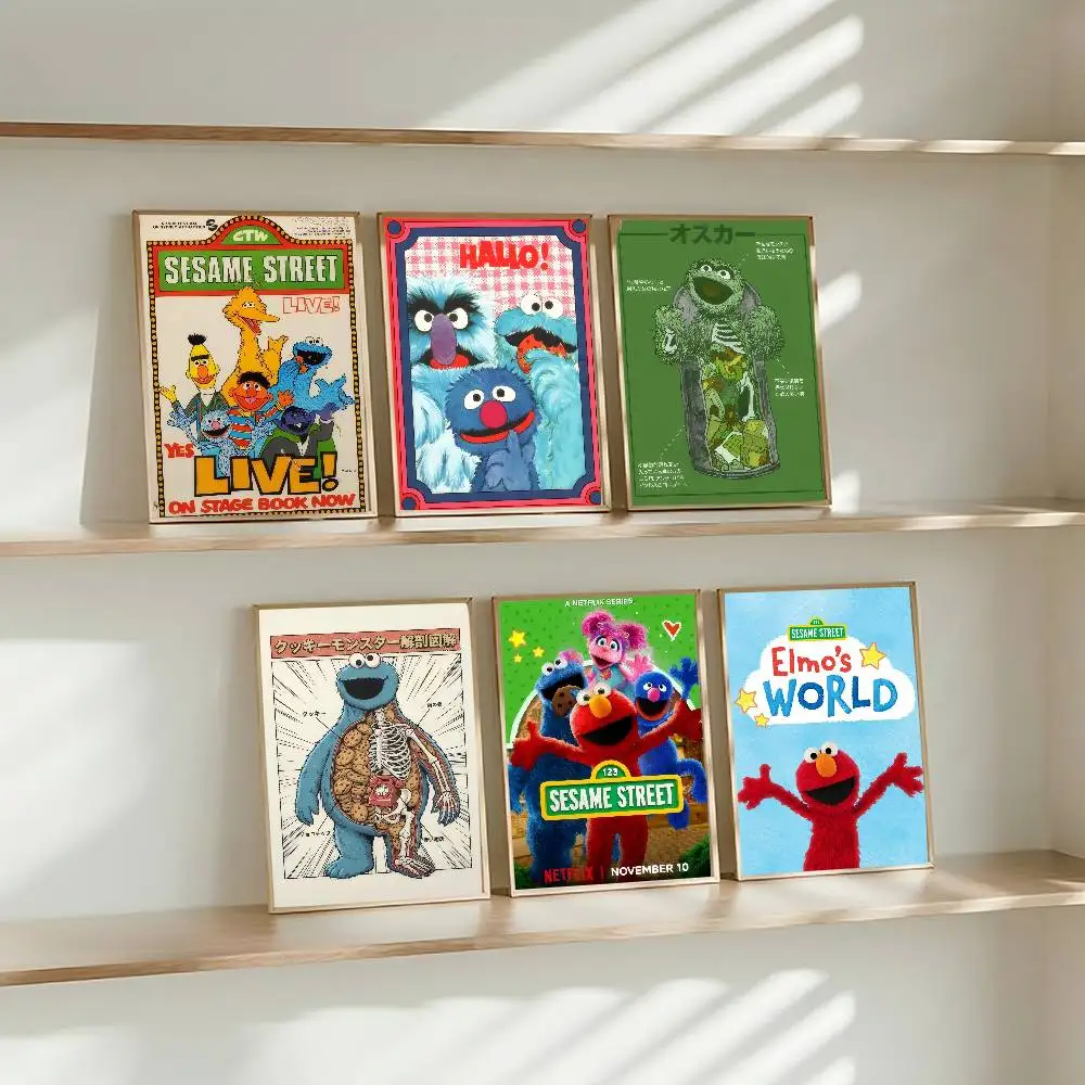 Pósteres y pegatinas de papel impermeables de calidad vintage de la calle Sésamo con dibujos animados infantiles, pegatinas de pared para cafetería y bar