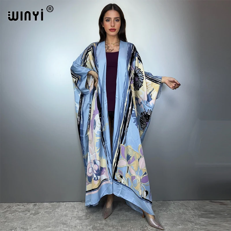 Winyi novo boêmio quimono solto cardigan roupas de praia mulher cobrir vestido de noite longo para baixo casaco maxi vestido de luxo beachwear