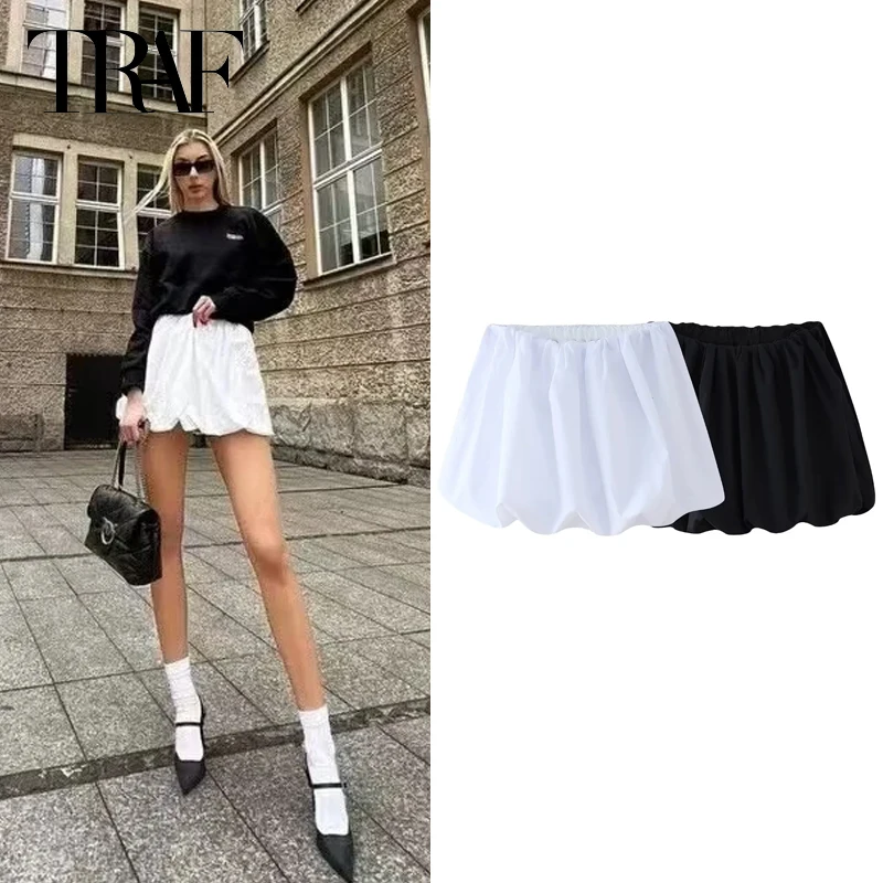 TRAF Mini High Waist White Skirt Puff Short Skirt Black Balloon Skirts For Women Summer Woman Ruched Casual Lantern Girls Skirt