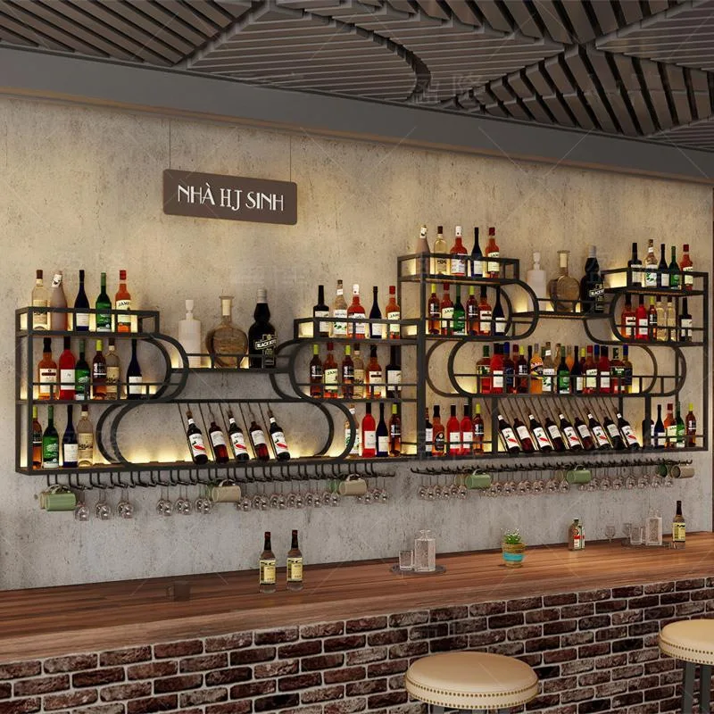 Creative wine rack on the wall, simple industrial style red wine cabinet display rack, multi-functional bar with light, bar coun