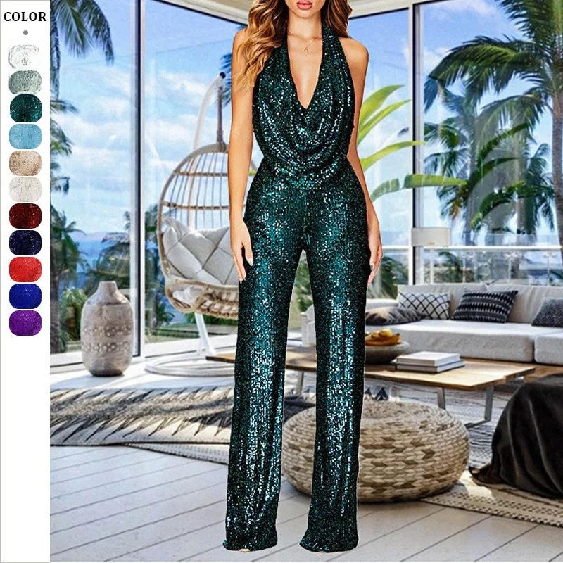 

Summer 2025 Women's One-Piece Suit Cross-Border Svel Ne Hanging Sequin Pants Cotton 59% Hanmala 4% Polyester Fiber