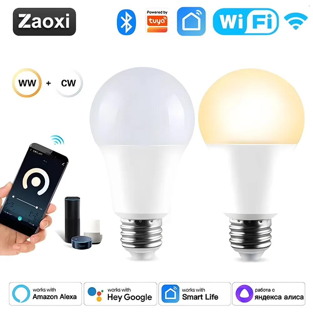 

Bluetooth Wifi 2-Channel Bulb Light E27 15/20W 110-220V WW+WC Smart Dimming LED Light Support Alexa Google Assistant Control
