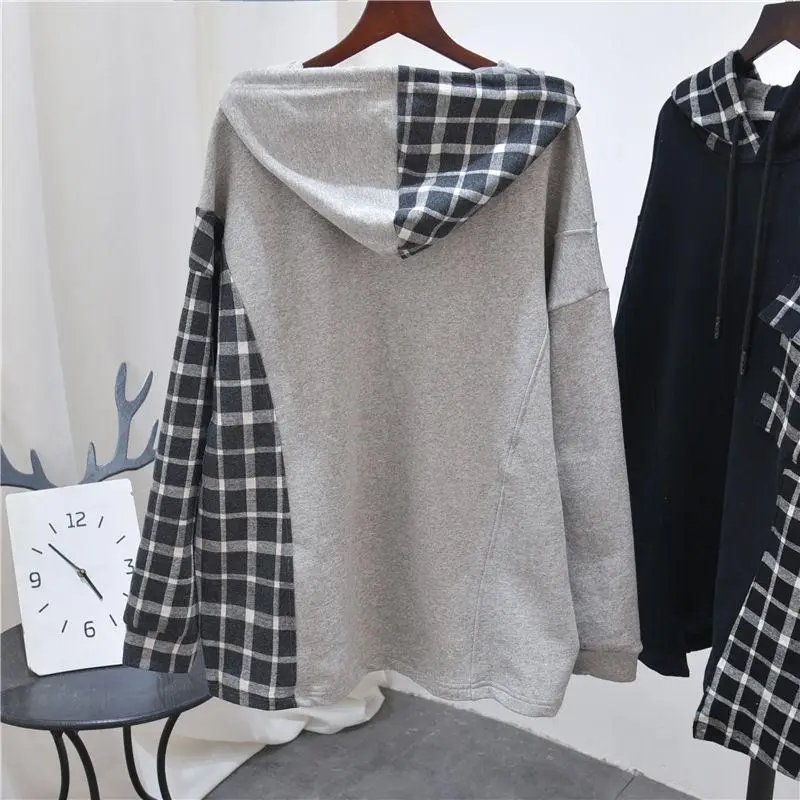 Women\'s Autumn Winter Fashion Elegant Hooded Plaid Contrast Panel Casual Versatile Long Sleeve Loose Mid Length Sweatshirts Tops