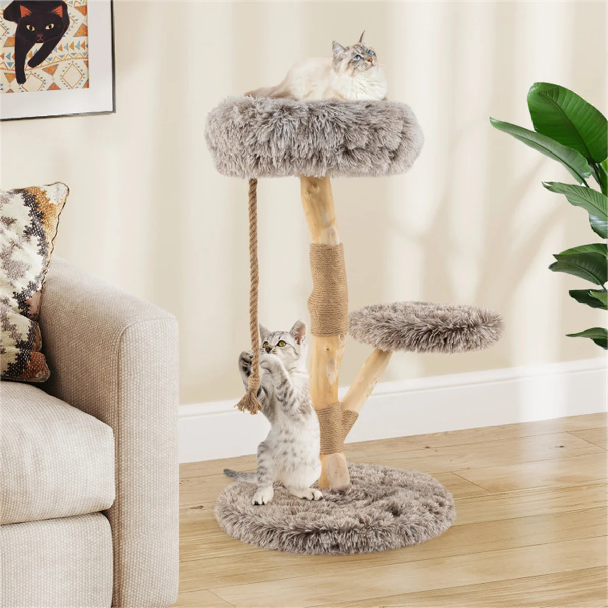

Трехуровневый кошачий комплекс из натурального грушевого дерева - 19.5"x35.5", джутовые когтеточки, длинный плюш