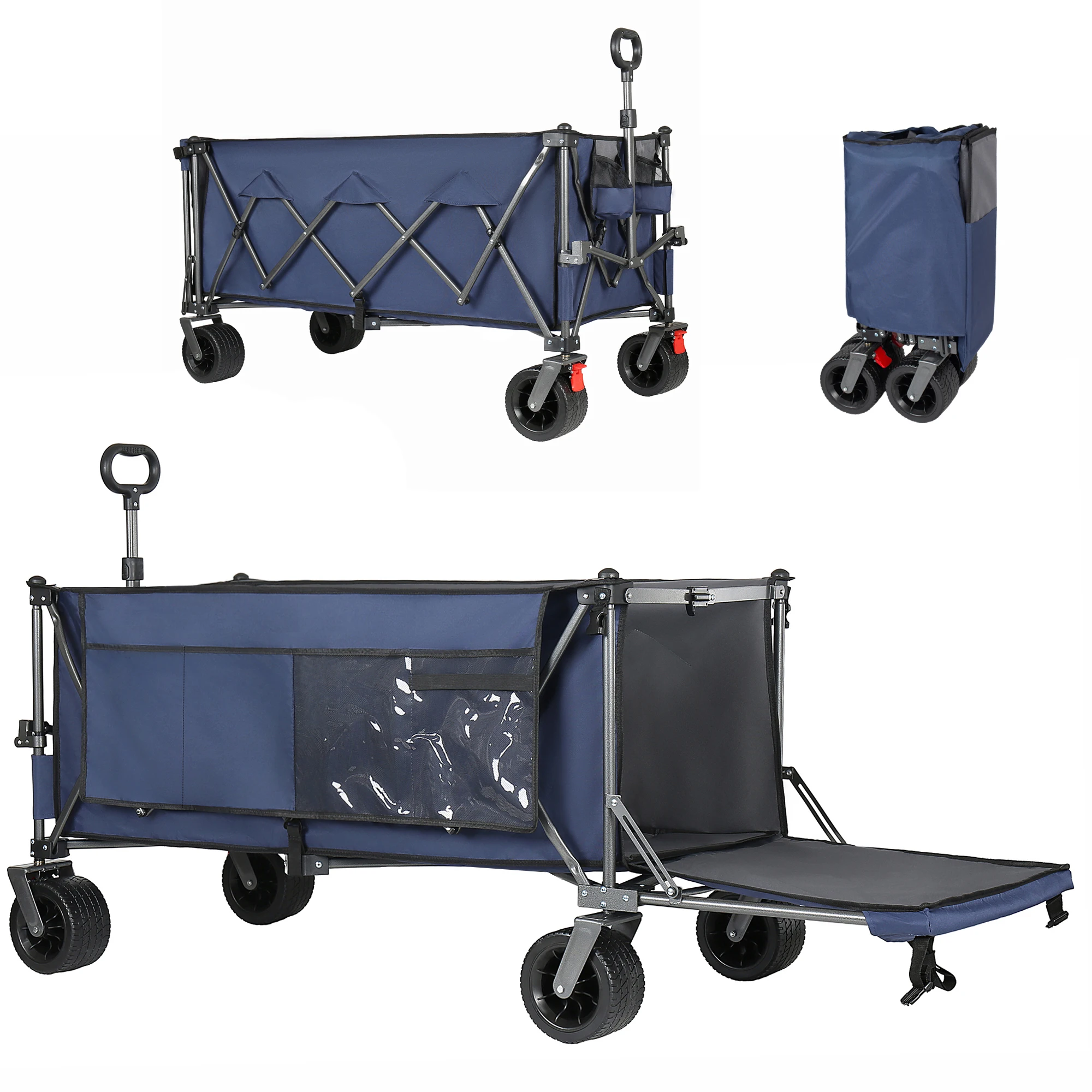 Chariot pliable 300L+120L et chariot de chargement arrière, chariot pliable de 180 cm avec largeur supplémentaire de 17x10 cm, roues tout-terrain, chariot à main, idéal pour le jardin, les courses, la plage et les activités de plein air (bleu)