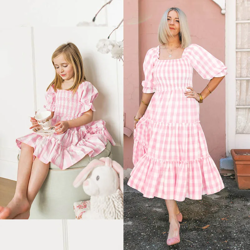 

Family Look Set Matching Mother Daughter Dress for Wedding Birthday Summer White Pink Plaid Girls Dress Women Dress High Waist