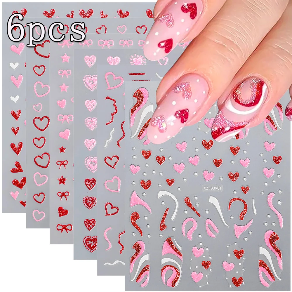 6pcs Heart Nail Stickers Glitter Shiny Love Nail Decals 3D Adhesive Irregular French Lines Romantic Valentines Manicure Sliders