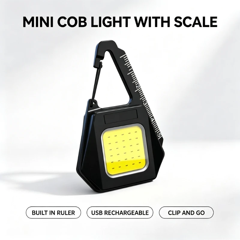 Mini COB Keychain Light USB Rechargeable LED Work Lamp with Measuring Scale Carabiner Clip for Camping Home Repair Emergency Use