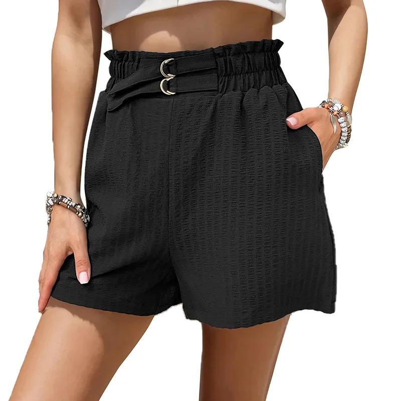 

2024 Spring/Summer New Fashionable Waistband Comfortable and Casual Style Elegant Black Wrinkle Shorts for Women