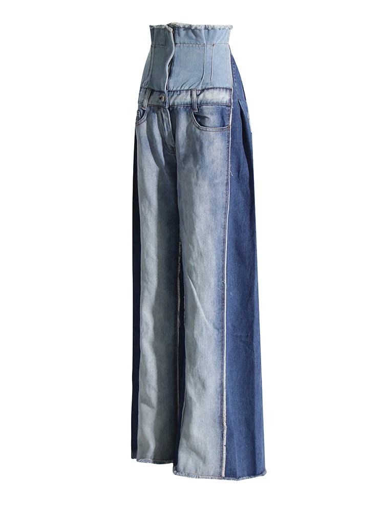 TWOTWINSTYLE Casual Denim Patchwork Women Trousers High Waist Hit Color Big Size Wide Leg Pants Female Fashion Spring 2020 New