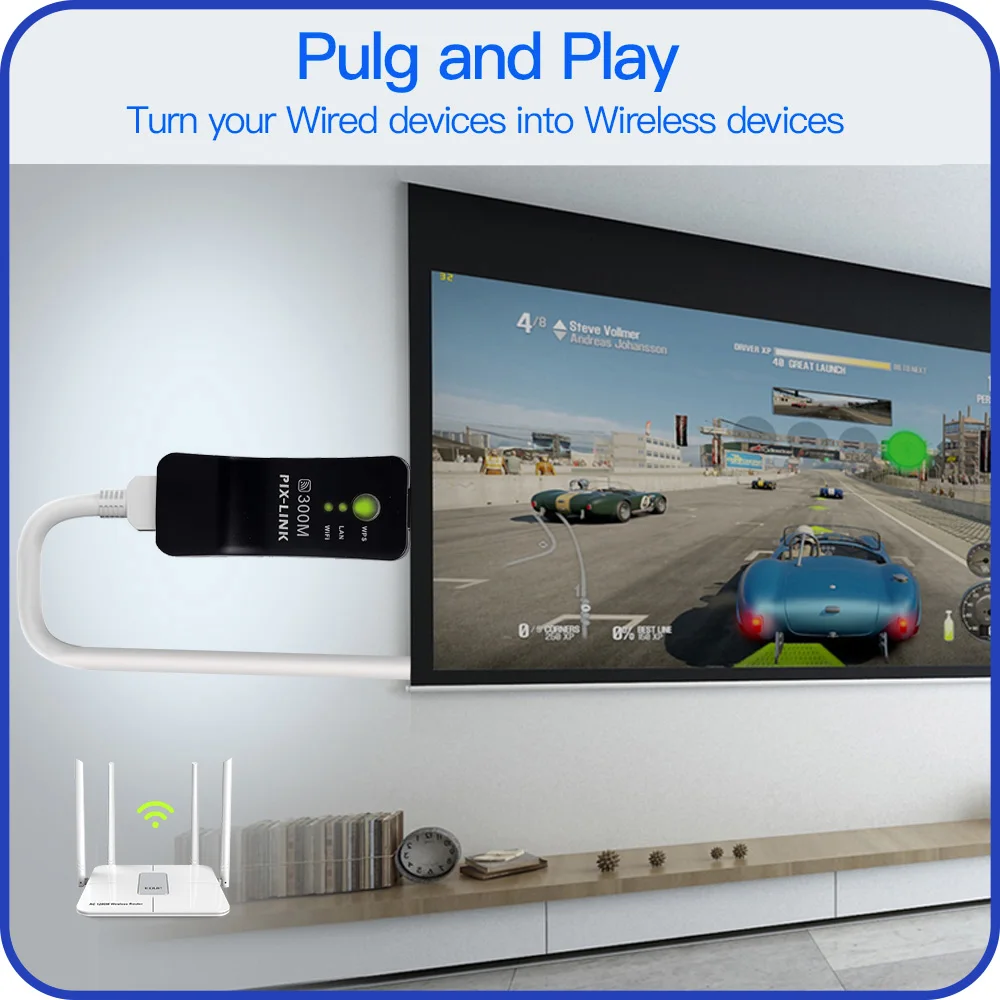 PIX-LINK UE01 300Mbps USB WIFI 리피터 무선 신호 확장기 스마트 TV 네트워크 어댑터 용 WPS AP 모드 무선 증폭기