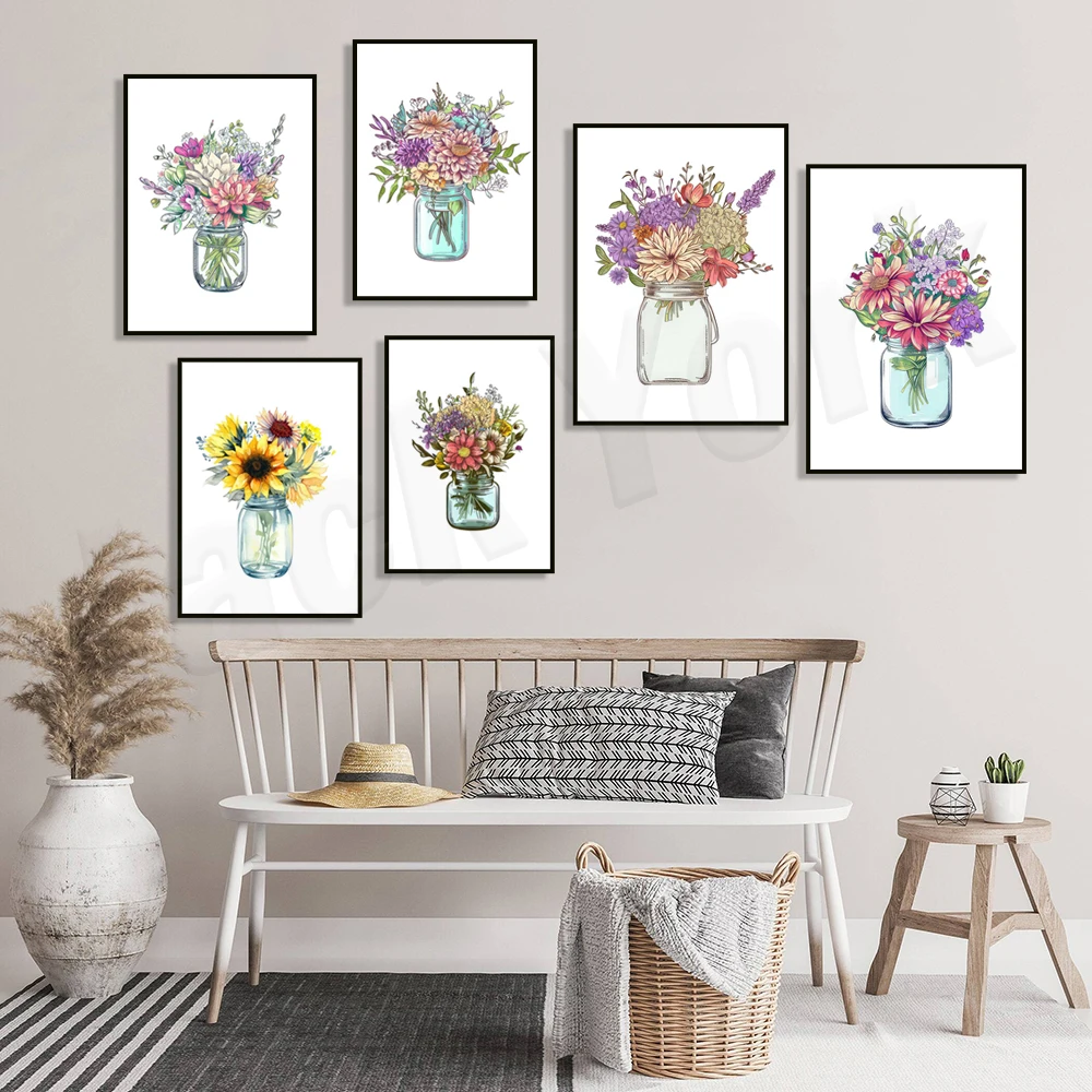 Eternal bloom in glass, mason jar floral art, colorful floral mason jar flower arrangement art, mason jar sunflower poster